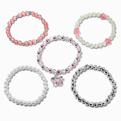 Pink Flower Beaded Bracelets - 5 Pack