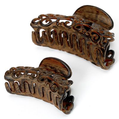 Brown Filigree Wooden Hair Claws - 2 Pack