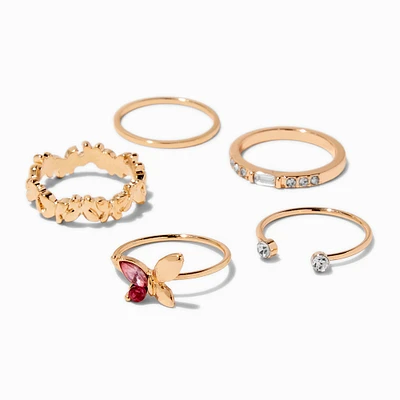 Pink Butterfly Gold-tone Ring Set - 5 Pack