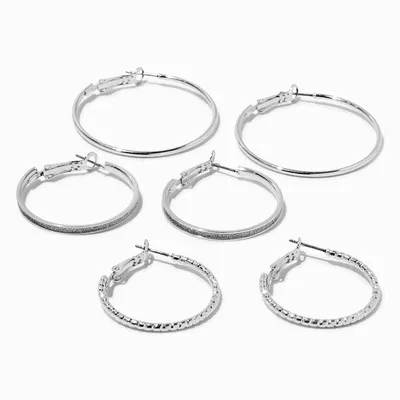 Silver-tone Graduated Textured Hoop Earrings - 3 Pack