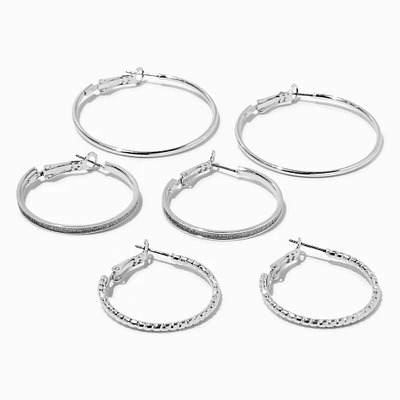 Silver-tone Graduated Textured Hoop Earrings