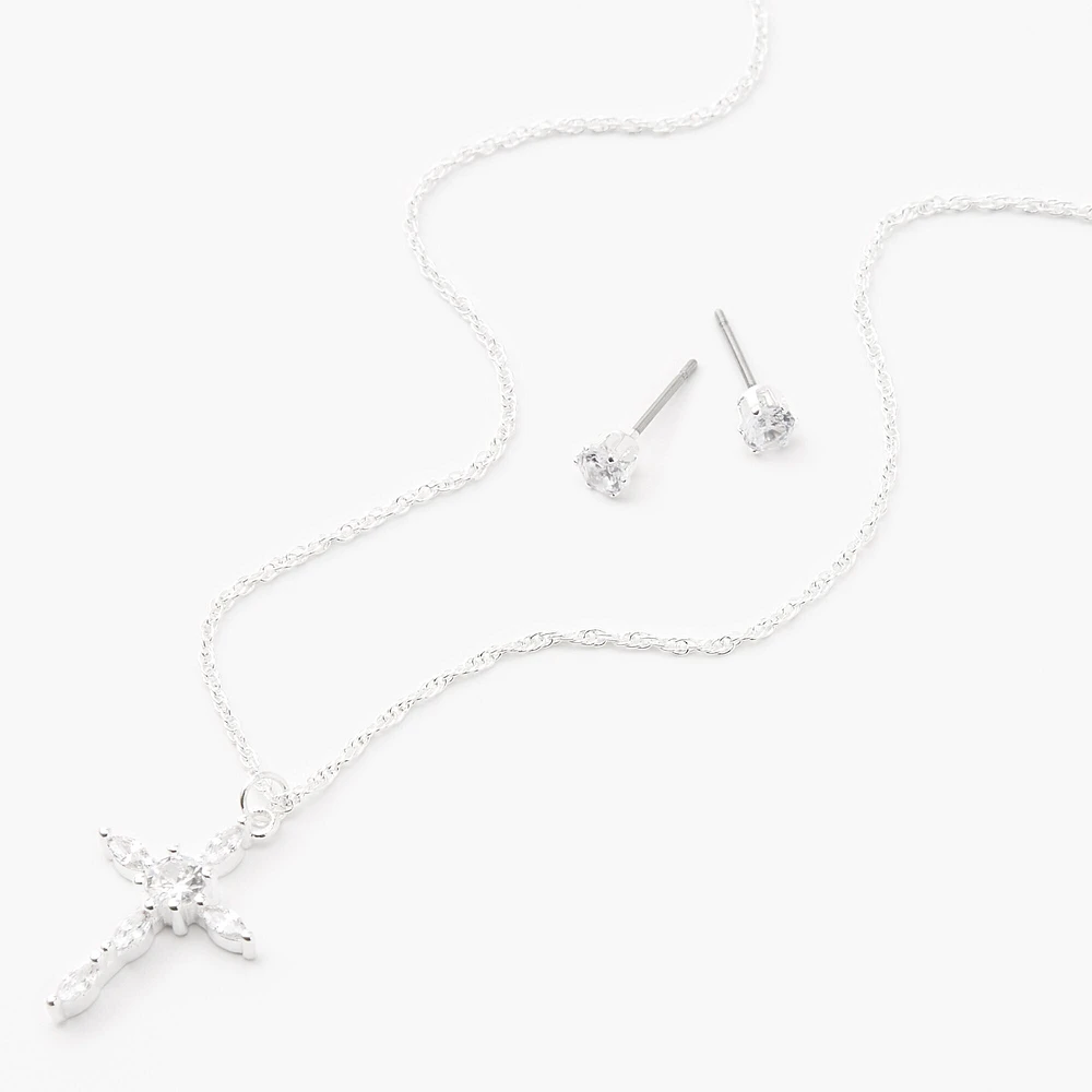 Silver Cubic Zirconia Cross Jewelry Set - 2 Pack