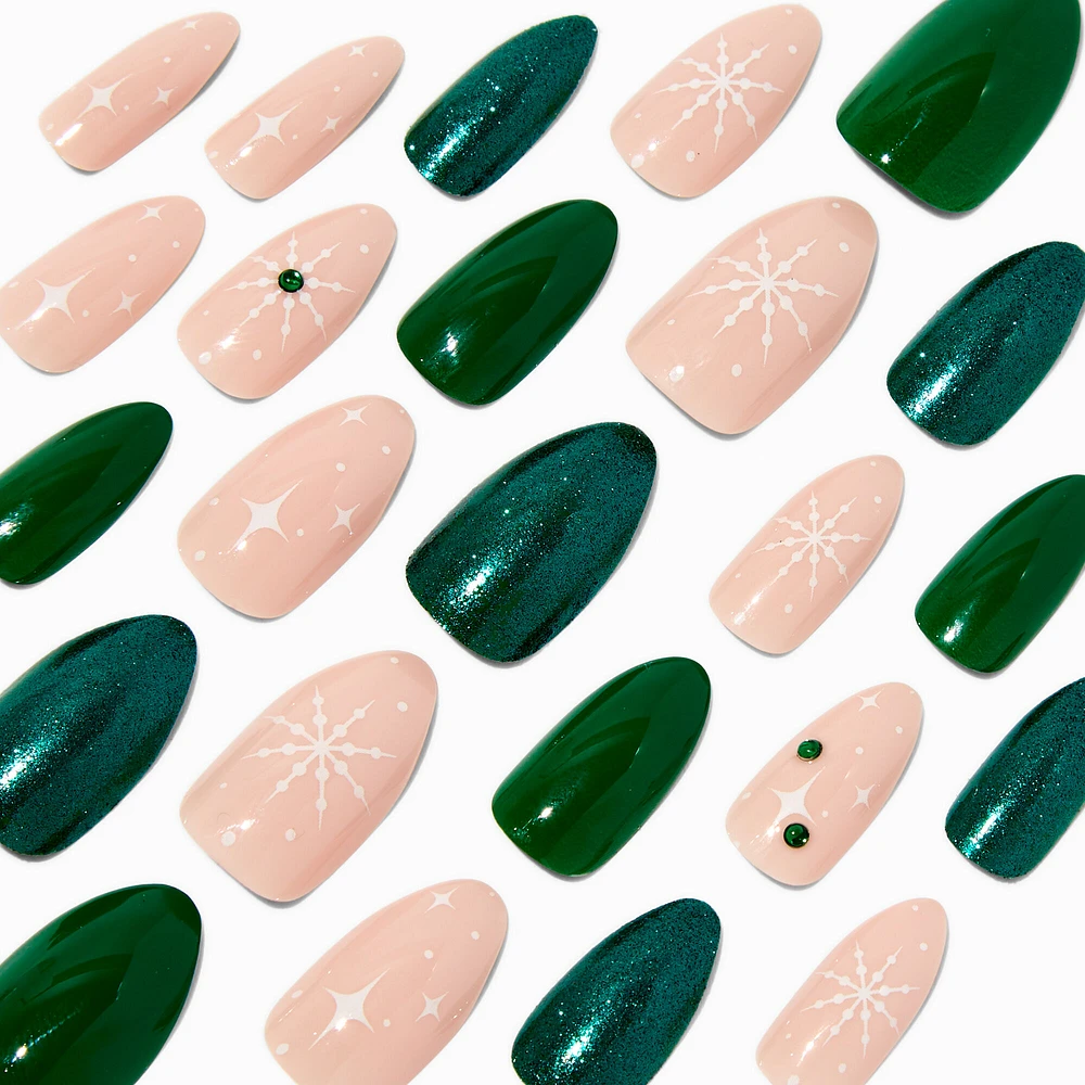 Stars & Green Bling Stiletto Vegan Faux Nail Set - 24 Pack