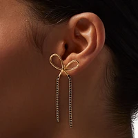 Gold-tone Black Crystal Long Bow Drop Earrings