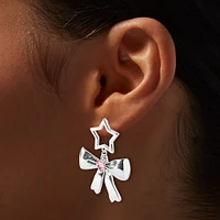 Silver-tone Bow, Pink Heart & Star Drop  Earrings