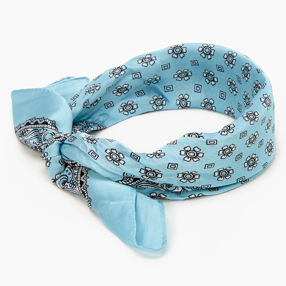 Blue Floral Paisley Silky Bandana Headwrap