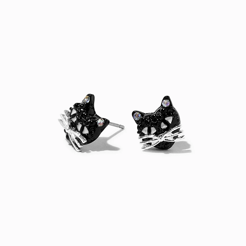 Black Crystal Cat Stud Earrings