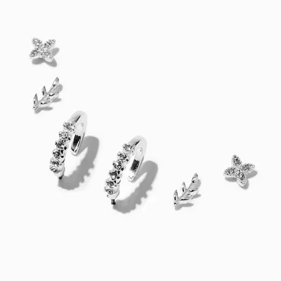 Silver-tone Cubic Zirconia Leaf Earring Stackables - 3 Pack