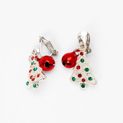 Silver 1" Holiday Tree Bells Clip On Drop Earrings