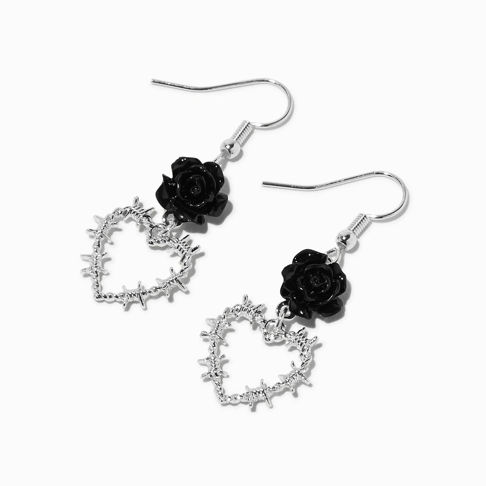 Black Rose Barbed Wire Heart 1" Drop Earrings