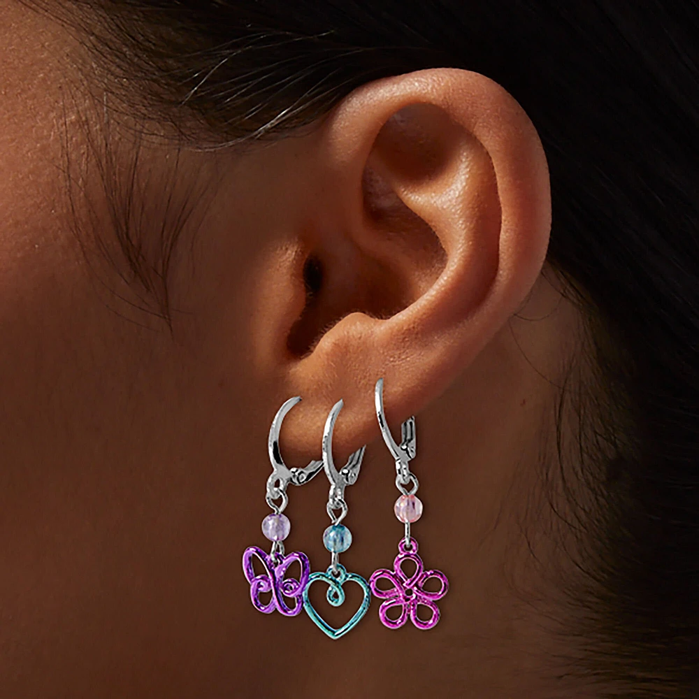 Wire Butterfly, Heart, & Daisy Hoop Earrings - 3 Pack