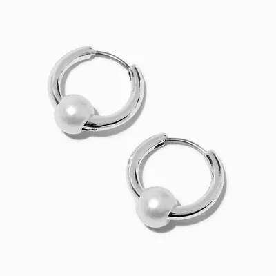 Pearl Bead Silver-tone 15MM Huggie Hoop Earrings