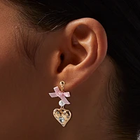 Gold-tone Crystal Heart Pink Bow Drop Earrings