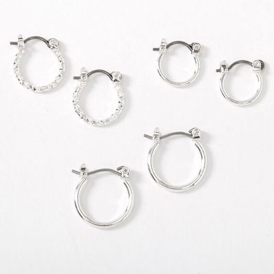 Silver Graduated Textured Hinge Hoop Earrings