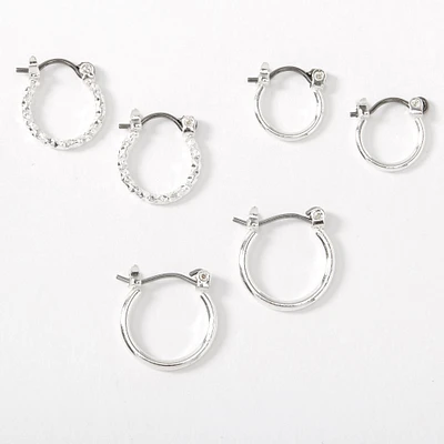 Silver Graduated Textured Hinge Hoop Earrings - 3 Pack