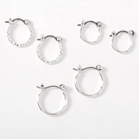 Silver-tone Graduated Textured Hinge Hoop Earrings - 3 Pack