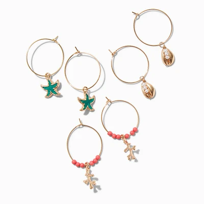 Gold-tone Coral Sea Shell Hoop Earrings - 3 Pack