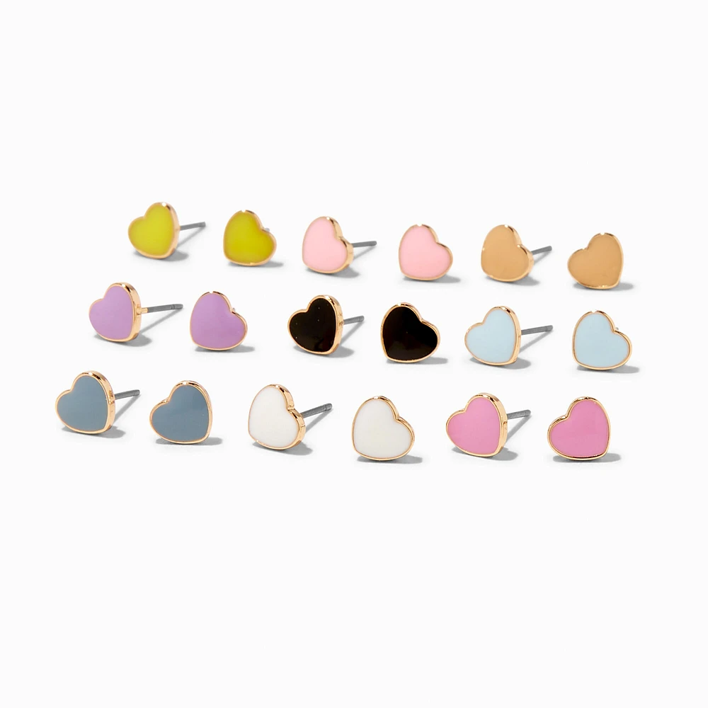 Enamel Hearts Stud Earrings - 9 Pack