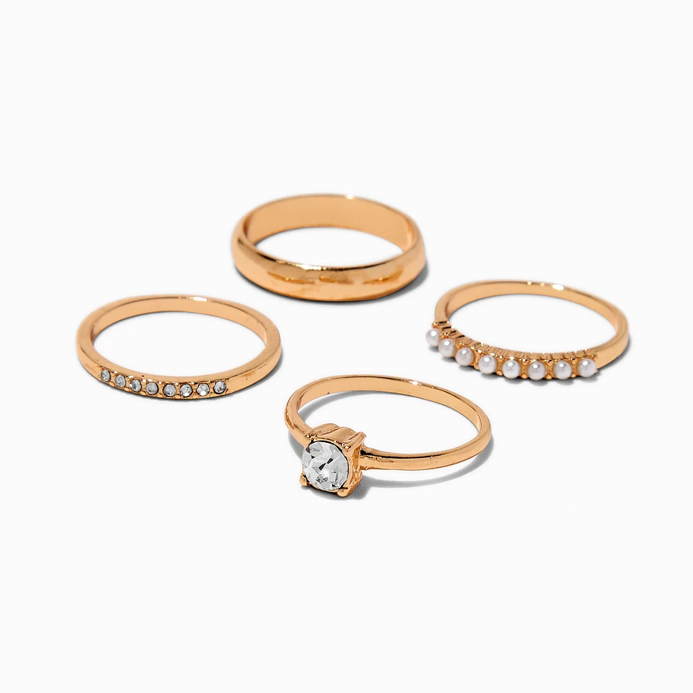 Gold-tone Cubic Zirconia Pearl Rings Stack - 4 Pack