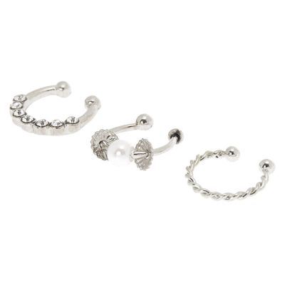Silver Crystal Pearl Faux Cartilage Earrings - 3 Pack