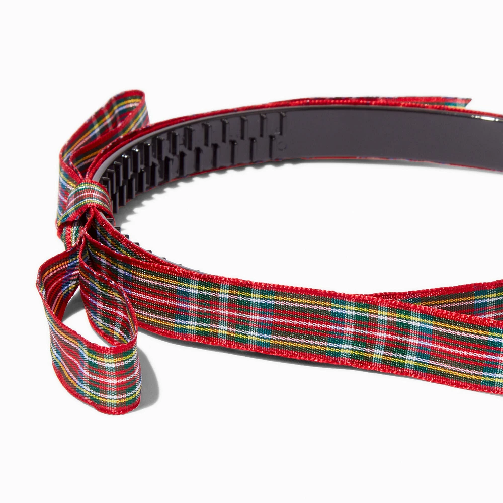 Red & Green Plaid Skinny Ribbon Bow Headband