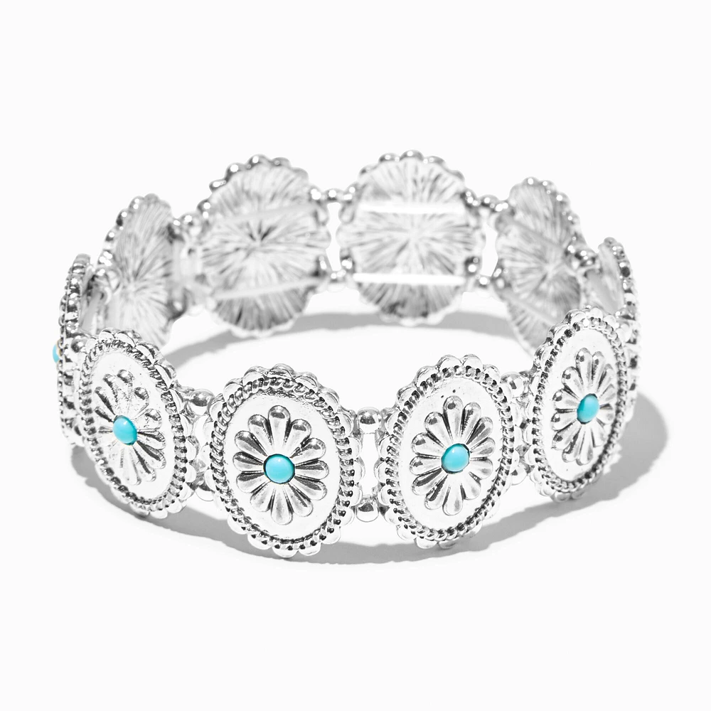 Silver-tone Round Filigree Turquoise Flower Medallion Stretch Bracelet