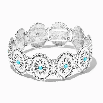 Silver-tone Round Filigree Turquoise Flower Medallion Cowgirl Stretch Bracelet