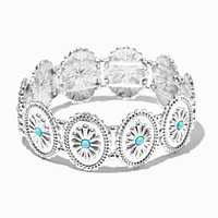 Silver-tone Round Filigree Turquoise Flower Medallion Stretch Bracelet