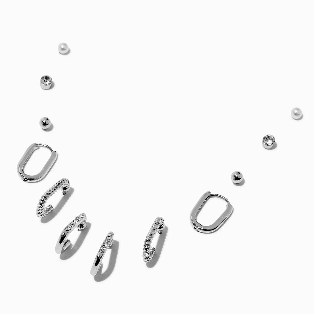 Silver-tone Oval Hoop Earring Stackables Set - 6 Pack