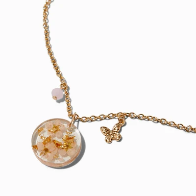 Pink Pressed Flowers Gold-tone Pendant Necklace