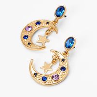 Gold 1" Crescent Moon Star Drop Earrings - Blue