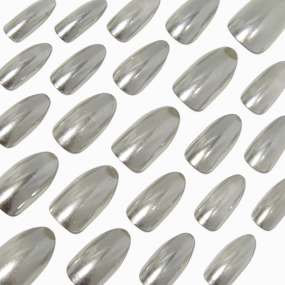 Silver Glazed Stiletto Vegan Faux Nail Set - 24 Pack