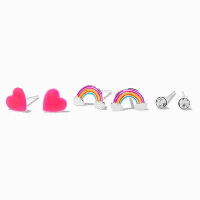 Sterling Silver Heart & Rainbow Stud Earrings - 3 Pack