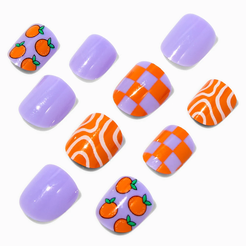 Claire's Club Orange Patterned Square Press On Vegan Faux Nail Set - 10 Pack