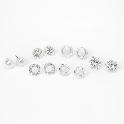 Silver Crystal Pearl Stud Earrings - White, 6 Pack