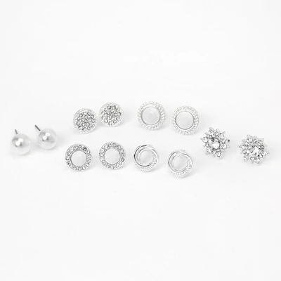 Silver Crystal Pearl Stud Earrings - White, 6 Pack