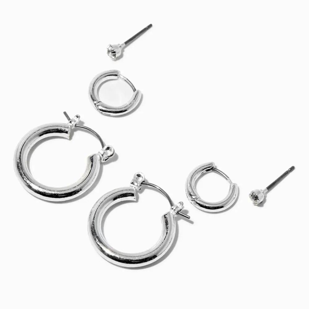 Silver-tone Tubular Hoop Earring Stackables Set - 3 Pack
