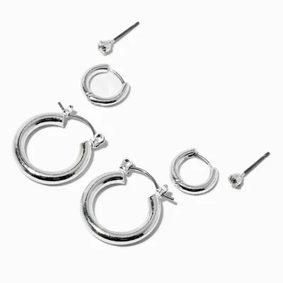 Silver-tone Tubular Hoop Earring Stackables Set - 3 Pack