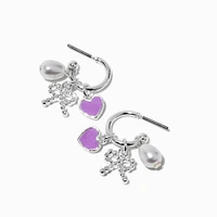 Purple Heart, Pearl & Silver-tone Bow Charm Hoop Earrings