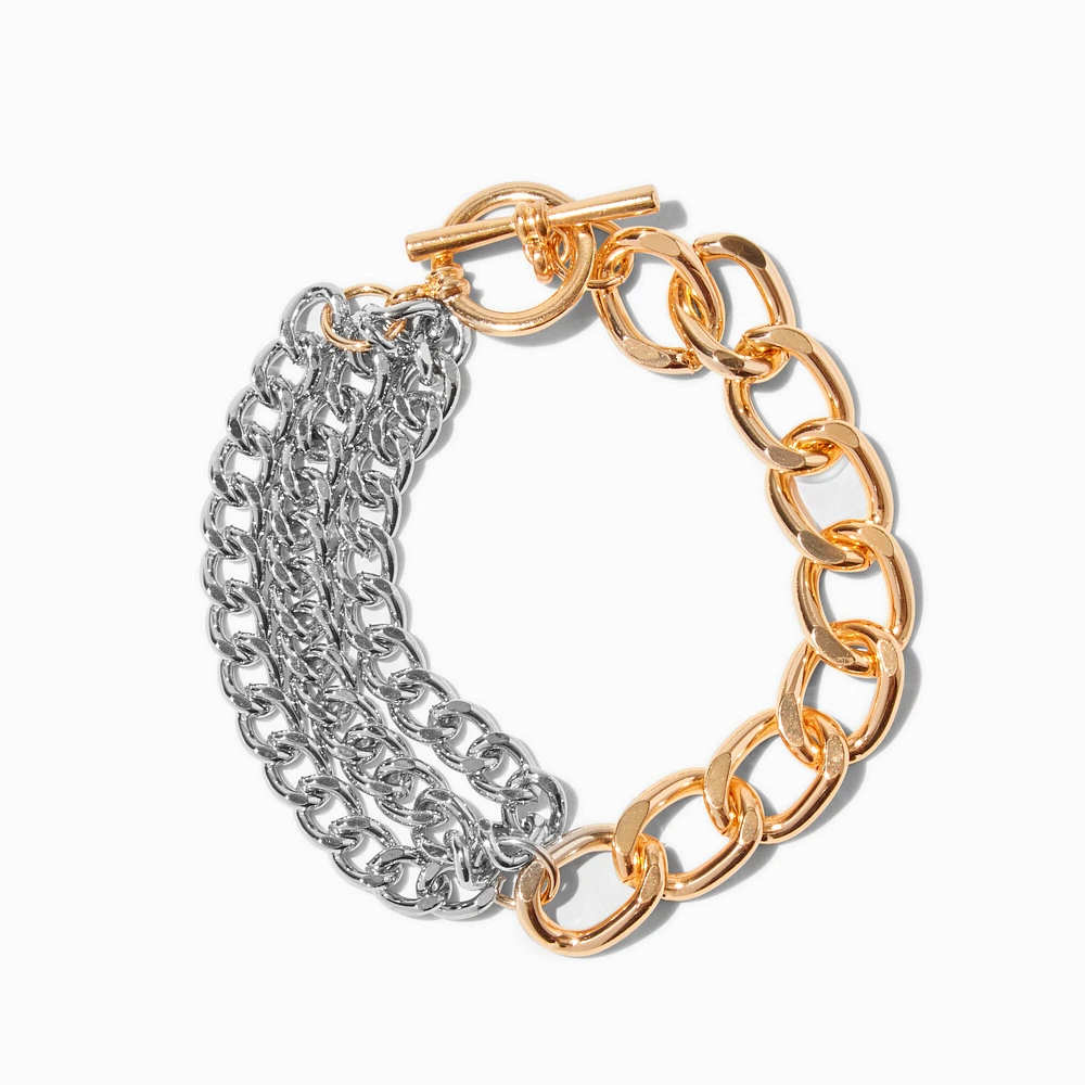 Mixed Metal Two-Tone Curb Chain Multi-Strand Bracelet