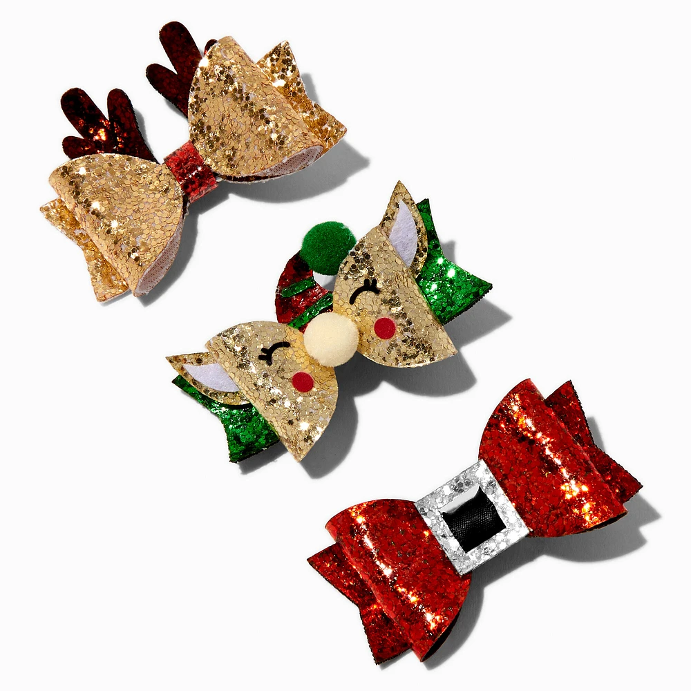 Santa Claus, Reindeer & Elf Glitter Hair Clips - 3 Pack