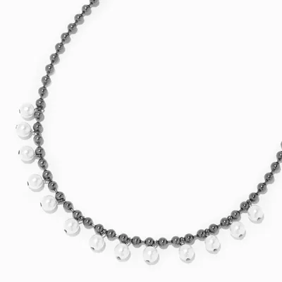 Hematite Beaded White Pearl Confetti Charm Necklace