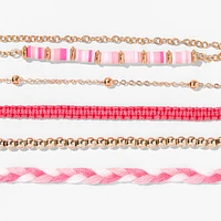 Gold & Pink Beaded & Woven Bracelet Set - 5 Pack