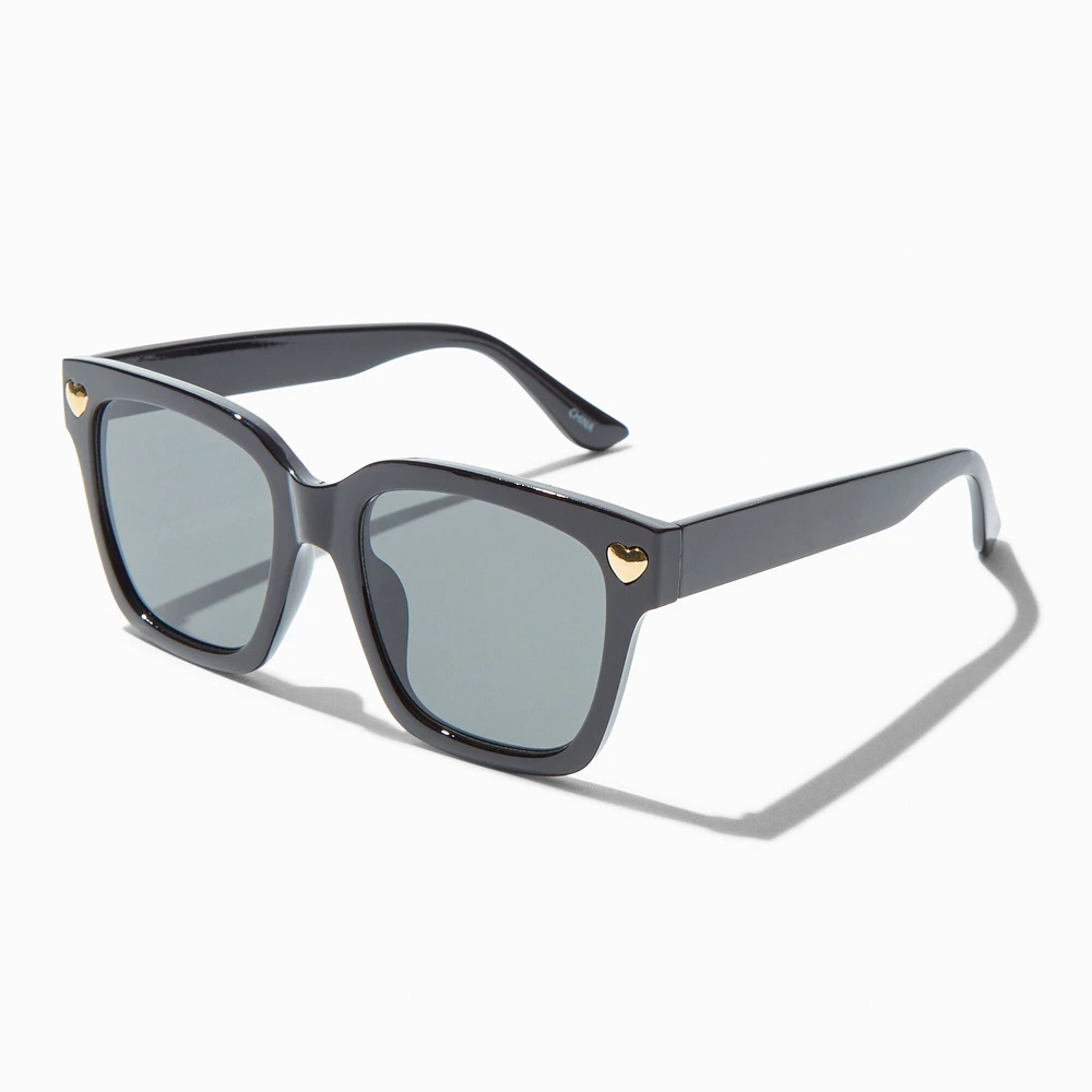 Gold Heart Studded Black Rectangular Sunglasses