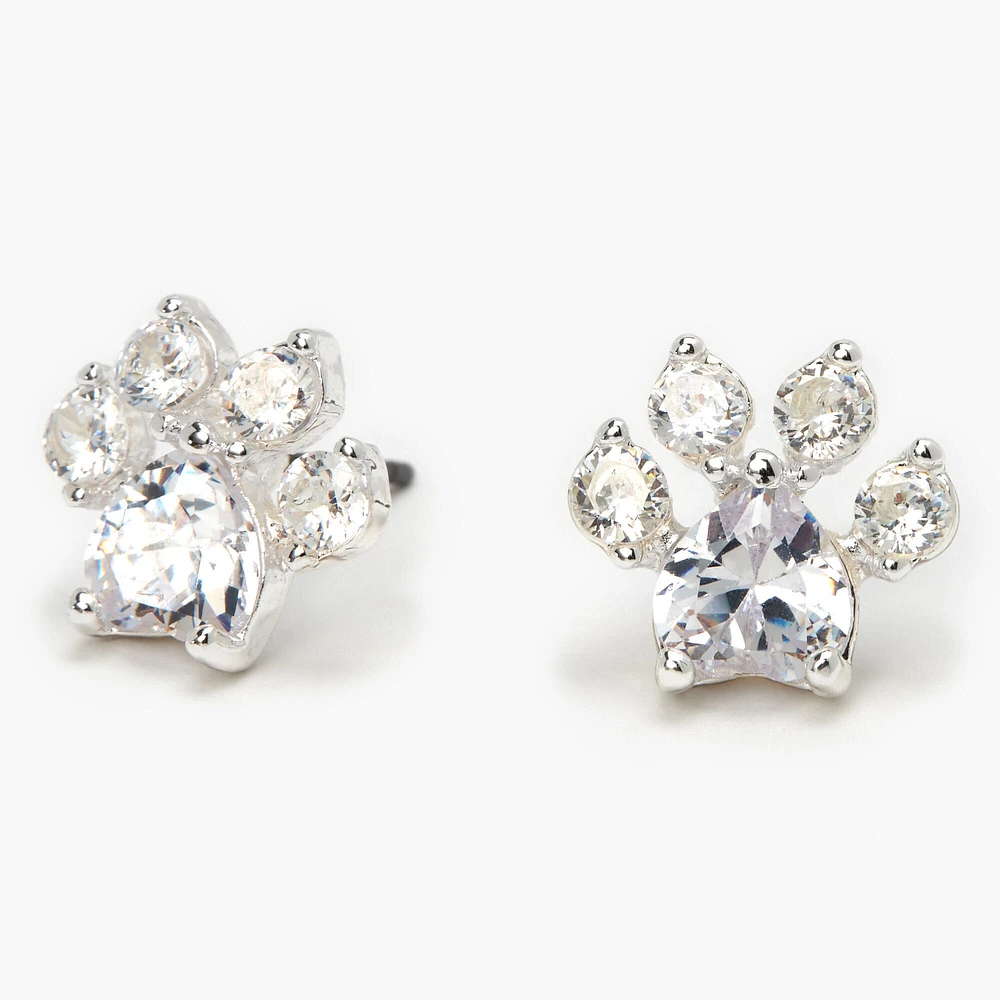 Silver-tone Cubic Zirconia 10MM Paw Print Stud Earrings