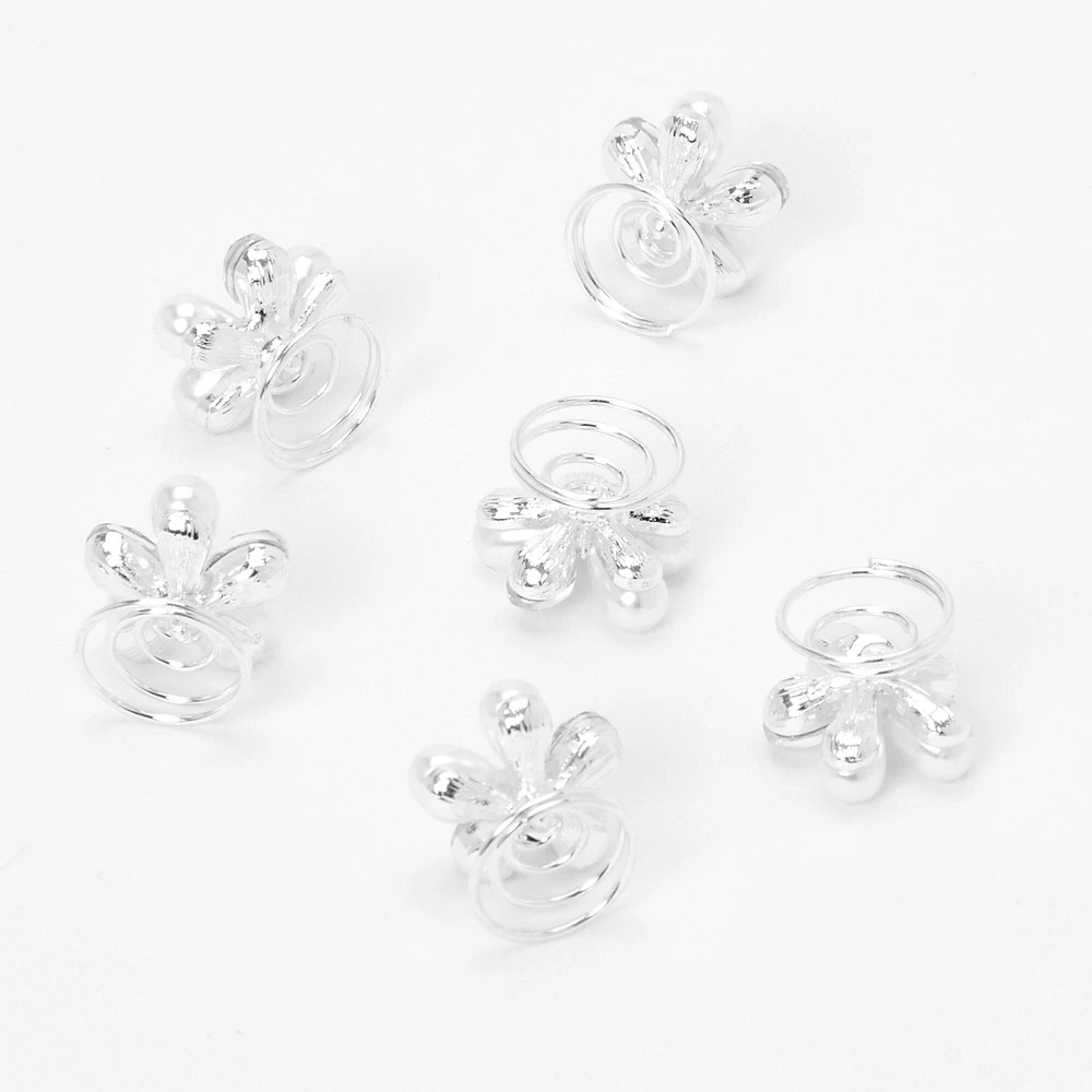 Pearl & Crystal Floral Hair Spinners - 6 Pack