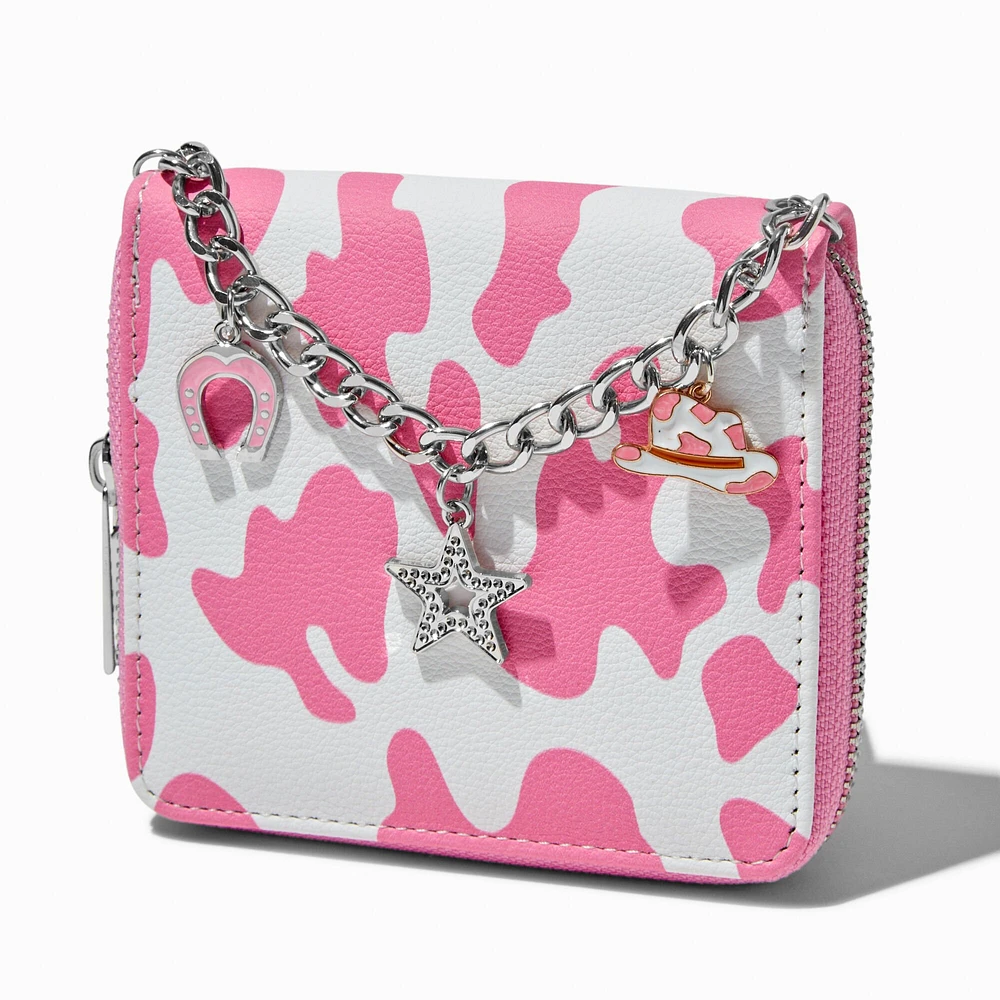 Pink Cow Print Chain Handle Zip Around Wallet