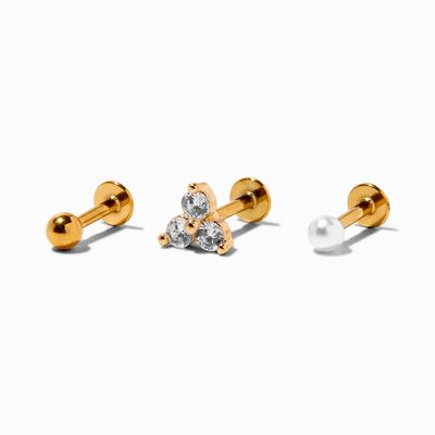 Gold 16G Crystal Tri-Ball Labret Studs - 3 Pack