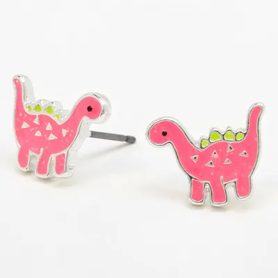 Silver Dinosaur Stud Earrings - Pink