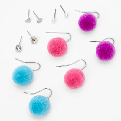 Fuzzy Pom Pom Earrings Set - 6 Pack